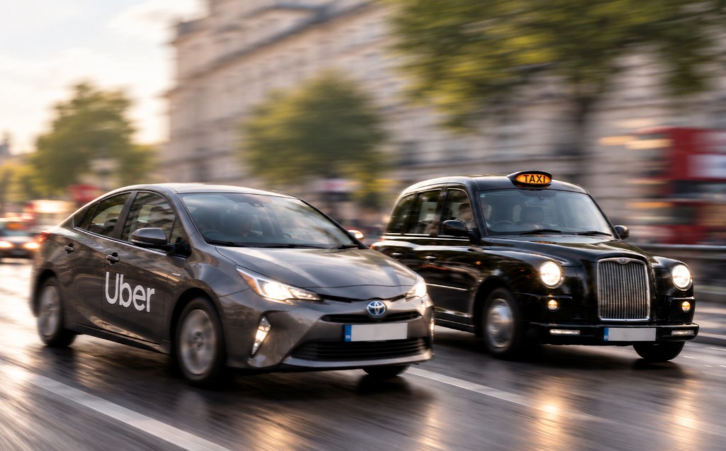 Uber car and London black taxi on a wet city street
